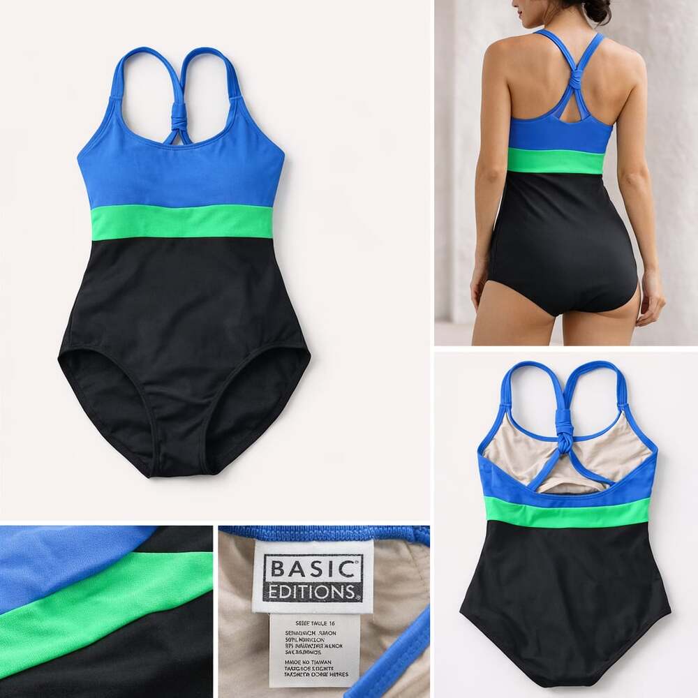 Basic Editions Colorblock One-Piece Swimsuit Blue‎ Green Black Size 16